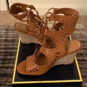 Cognac lace up ankle wedge heels